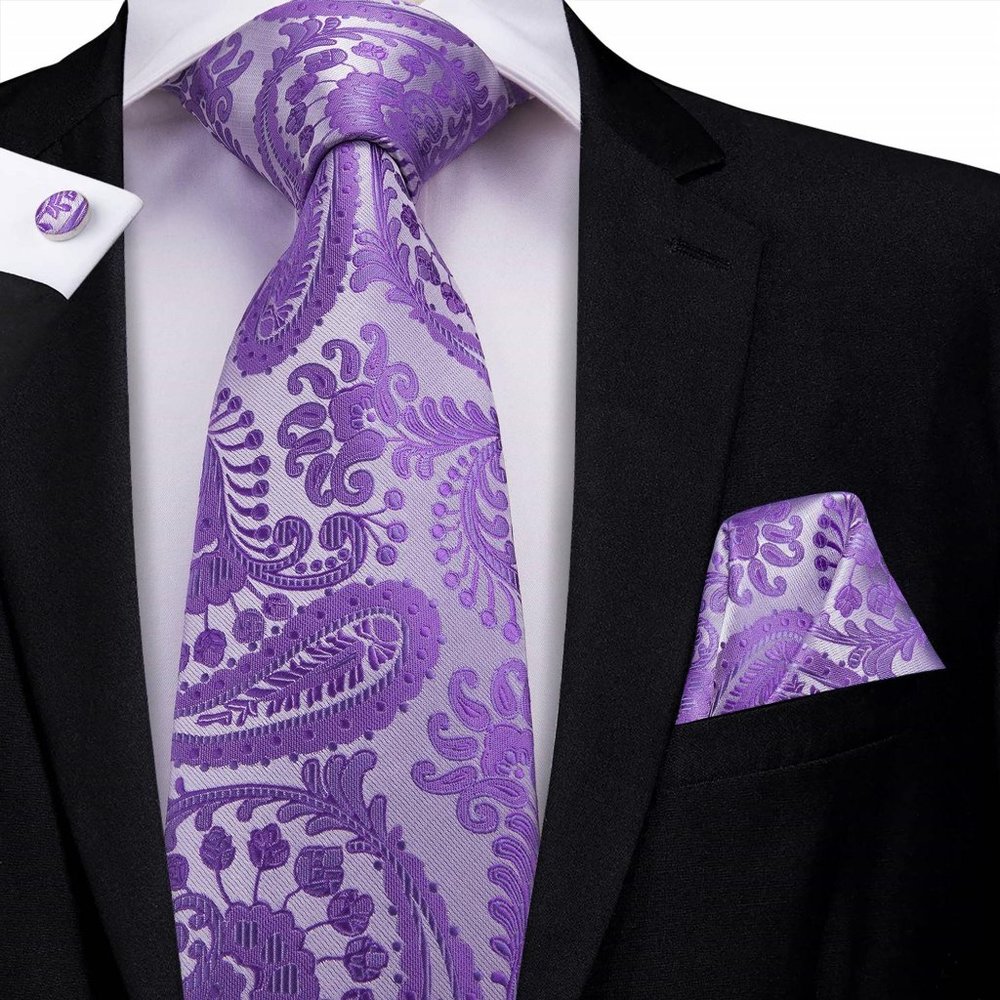 Lavender Paisley Silk Necktie Pocket Square Cufflinks Set